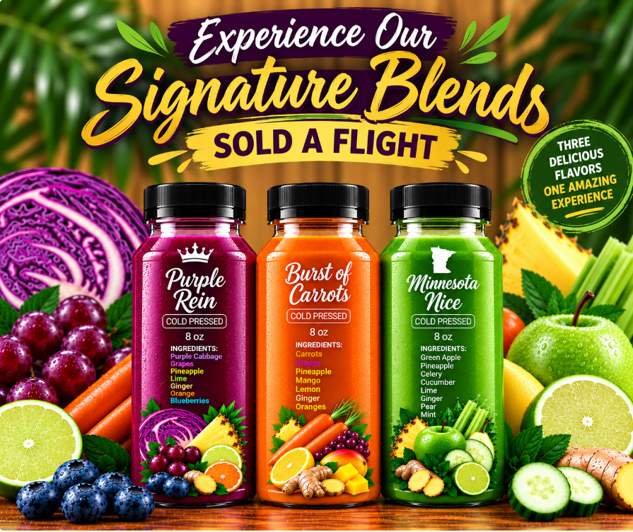 Experience Our Signature Blends — Sold a Flight: Purple Rein, Burst of Carrots, Minnesota Nice