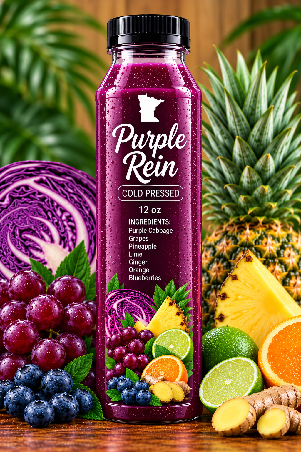 Purple Rein slow-pressed juice bottle